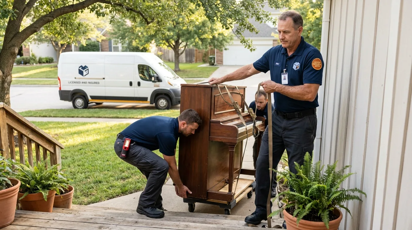 Licensed piano movers securing grand piano in New Paris, IN