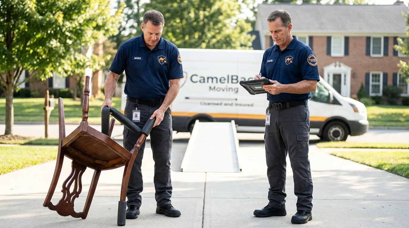 Movers inspecting furniture for damage prevention before loading in New Paris, IN