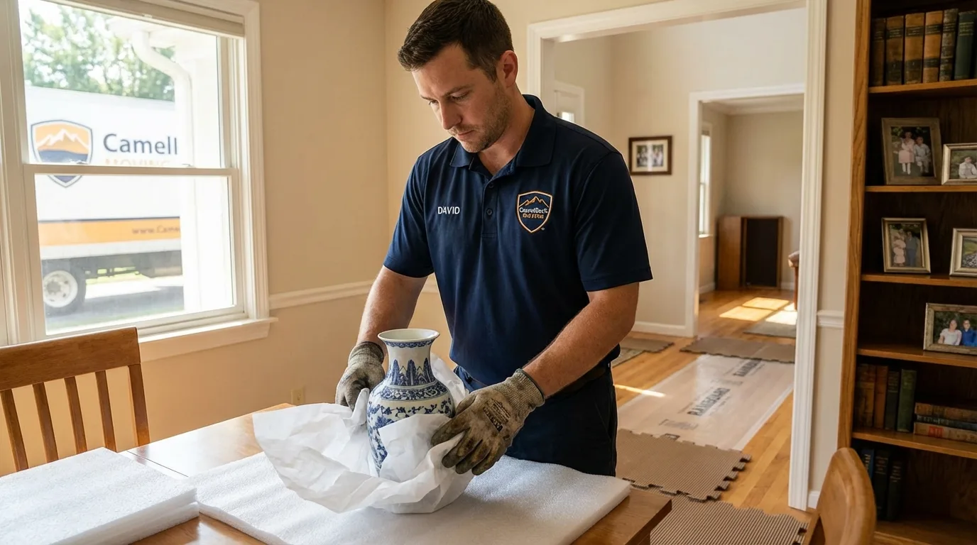 Professional crew carefully wrapping antique vase for senior downsizing move in New Paris, IN