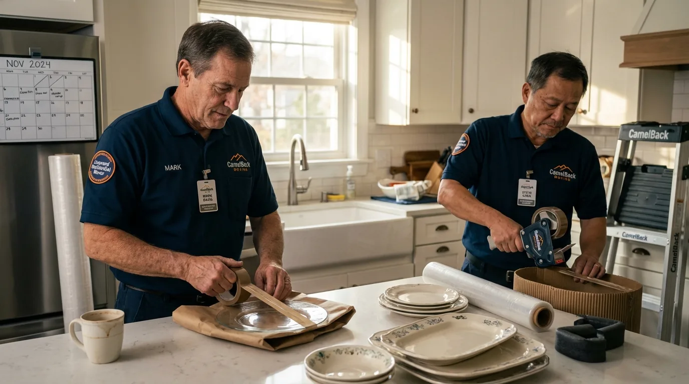 Professional crew packing kitchen dishware in New Paris, IN